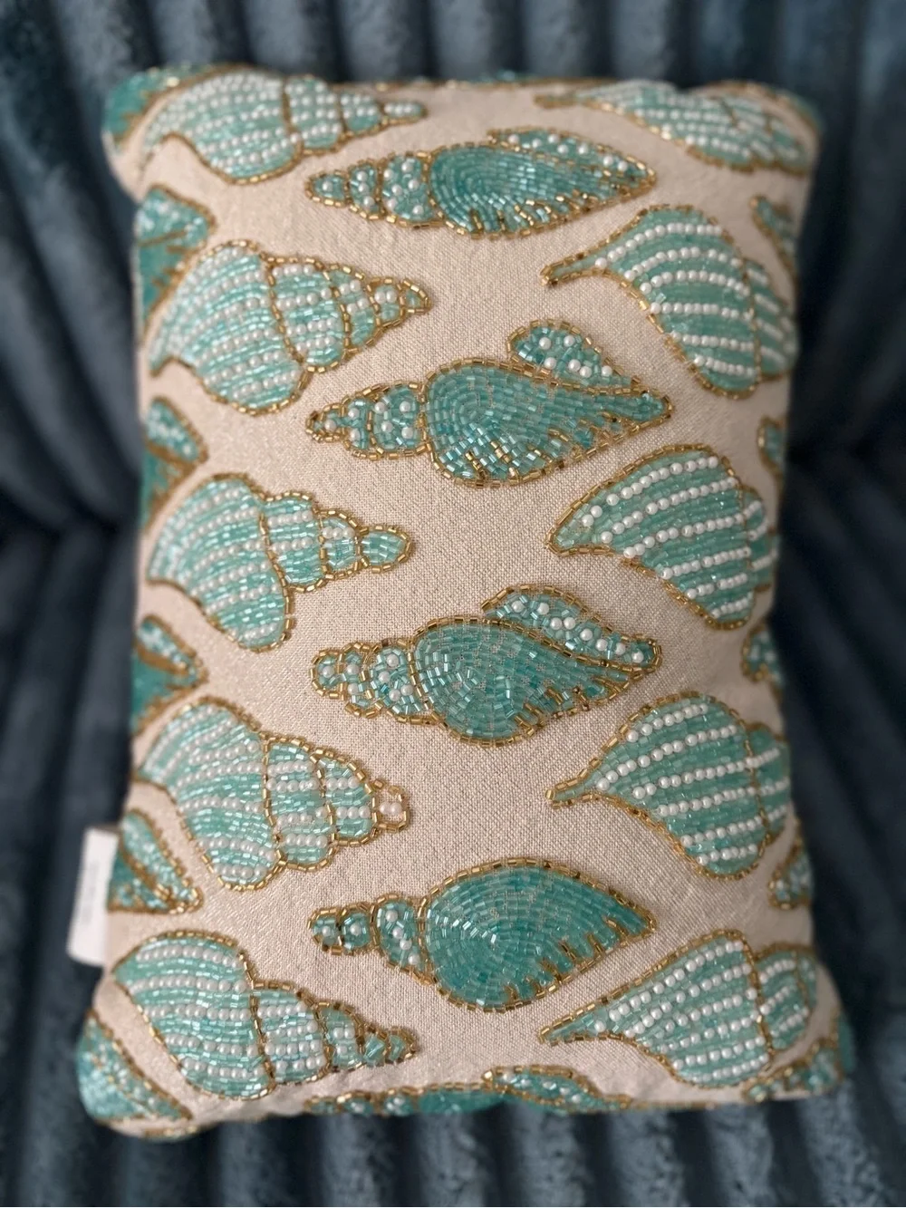 Gorgeous Coastal Beaded Pearl Embroidered Seashell Accent Pillow Teal Mint Gold